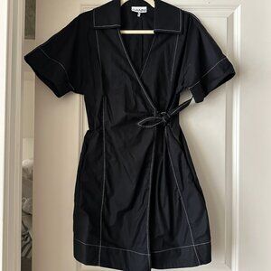 Ganni Black Cotton Poplin Wrap Minidress